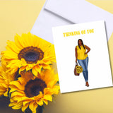 Thinking Of You Sunflowers Greeting Card, Woman Illustration