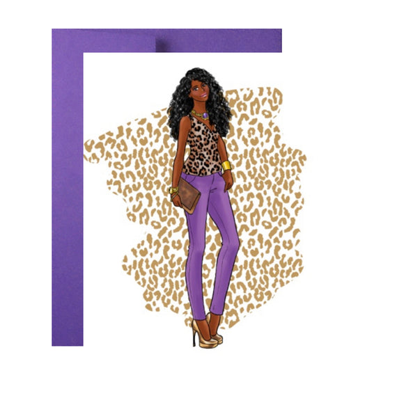 Woman Fashion Illustration Birthday Greeting Card, Purple Cheetah