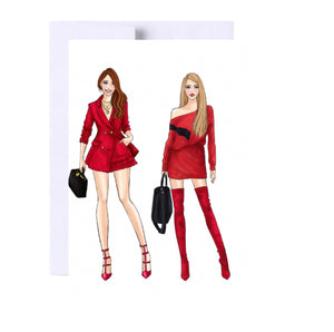 Friends Dress In Red Birthday Greeting Card, Woman Illustration